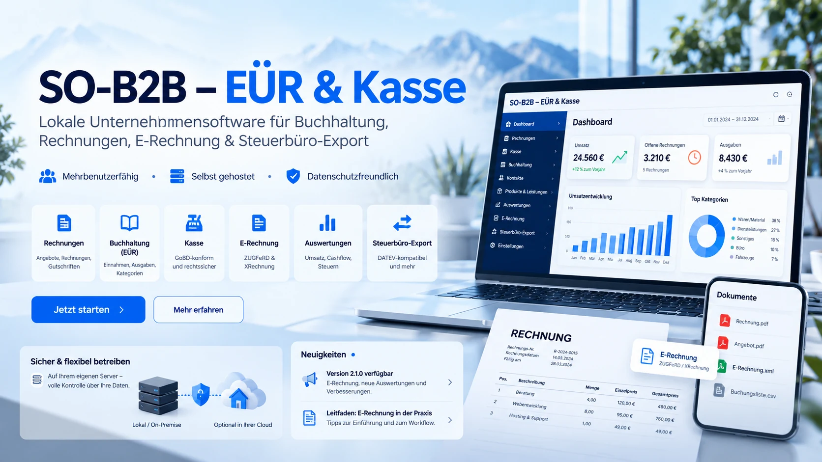 SO-B2B – EÜR & Kasse mit Funktionen für Rechnungen, Buchhaltung, Kasse und E-Rechnung