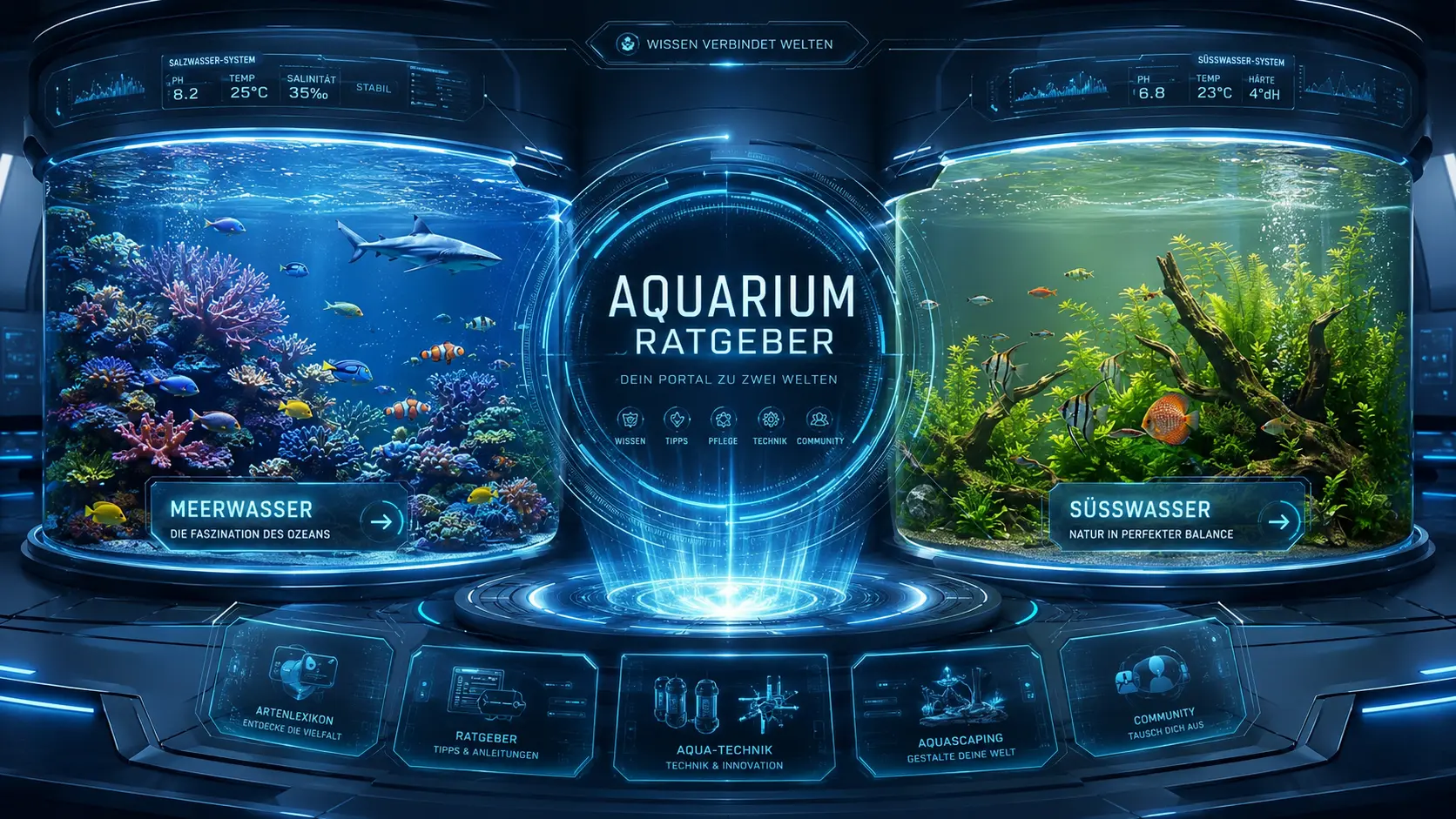 Portal-Cover von Jarvis Aqua Nexus mit Meerwasser- und Süßwasser-Aquarium