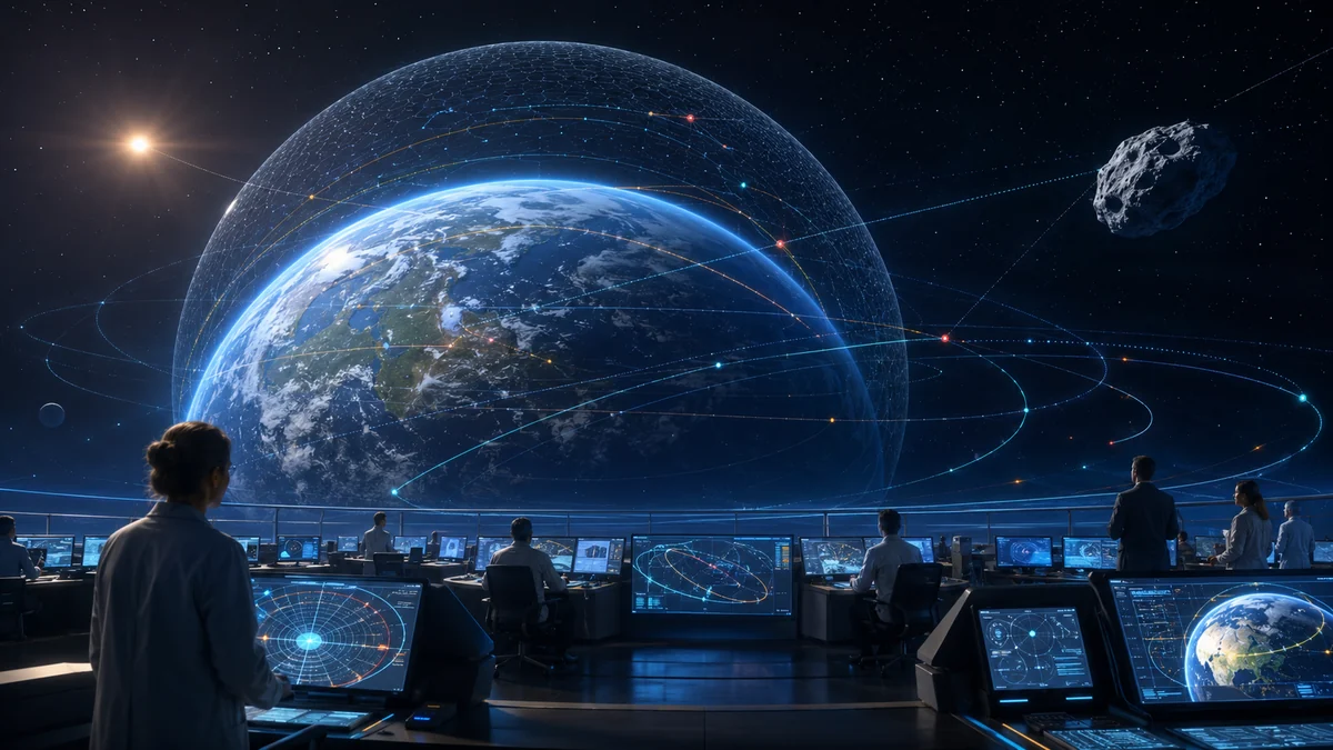 Jarvis Earth Defense mit Erde, Asteroiden, Fireballs und planetaren Datensignalen