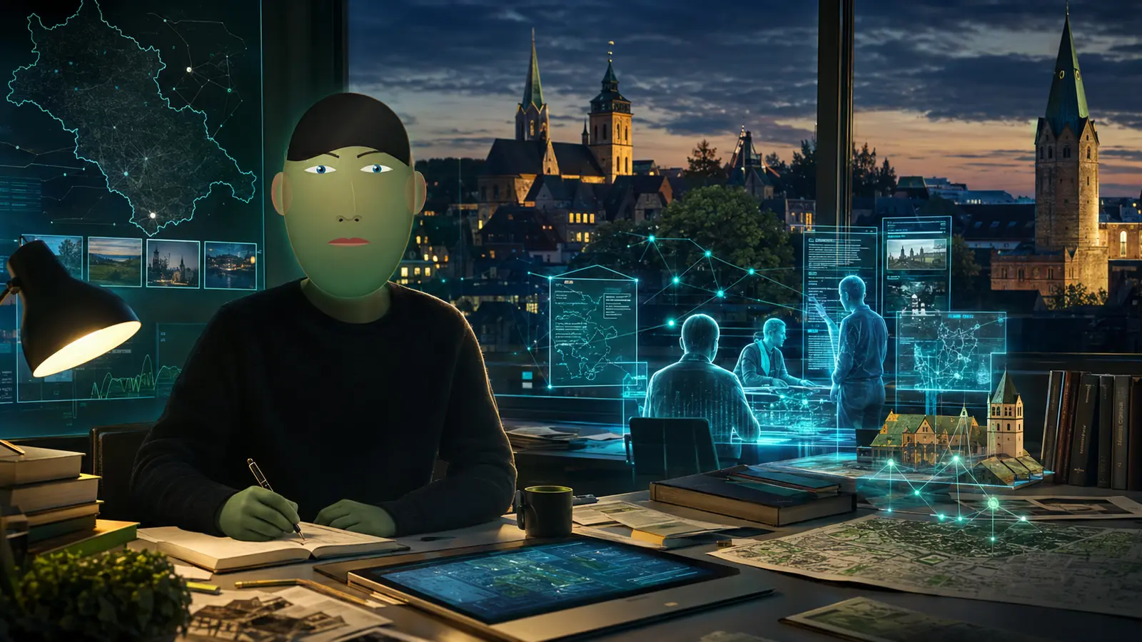 Jarvis recherchiert mit seinem KI-Team in einer digitalen Redaktion vor der Soester Stadtsilhouette