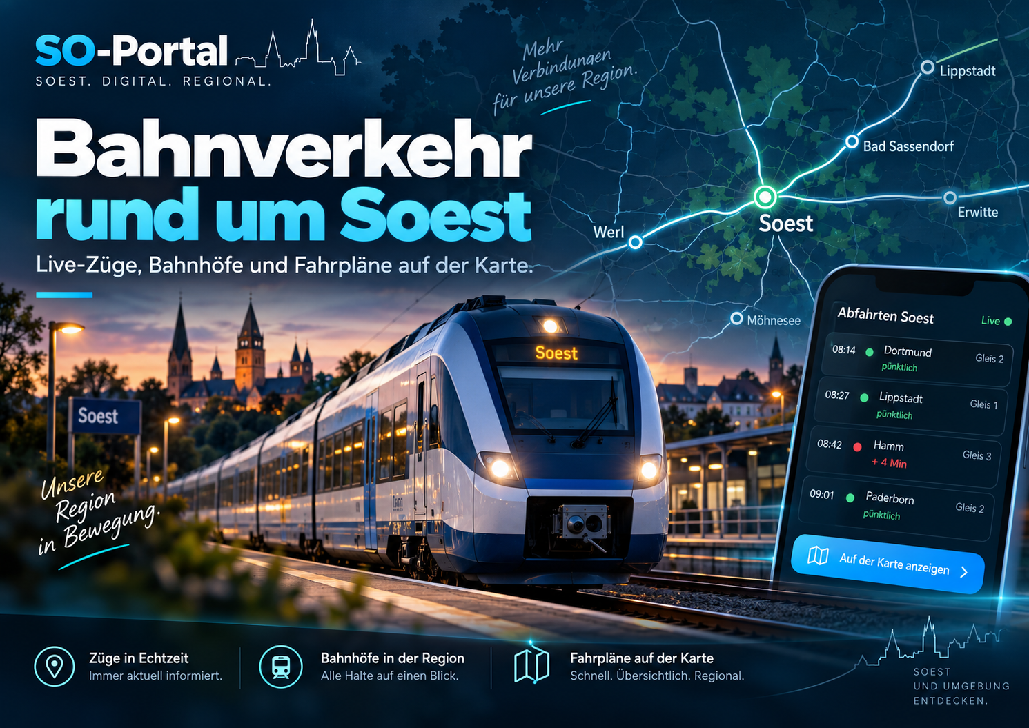 SO-BahnVerkehr: Züge, Abfahrten, Gleise und Bahnverkehr rund um Soest live verfolgen