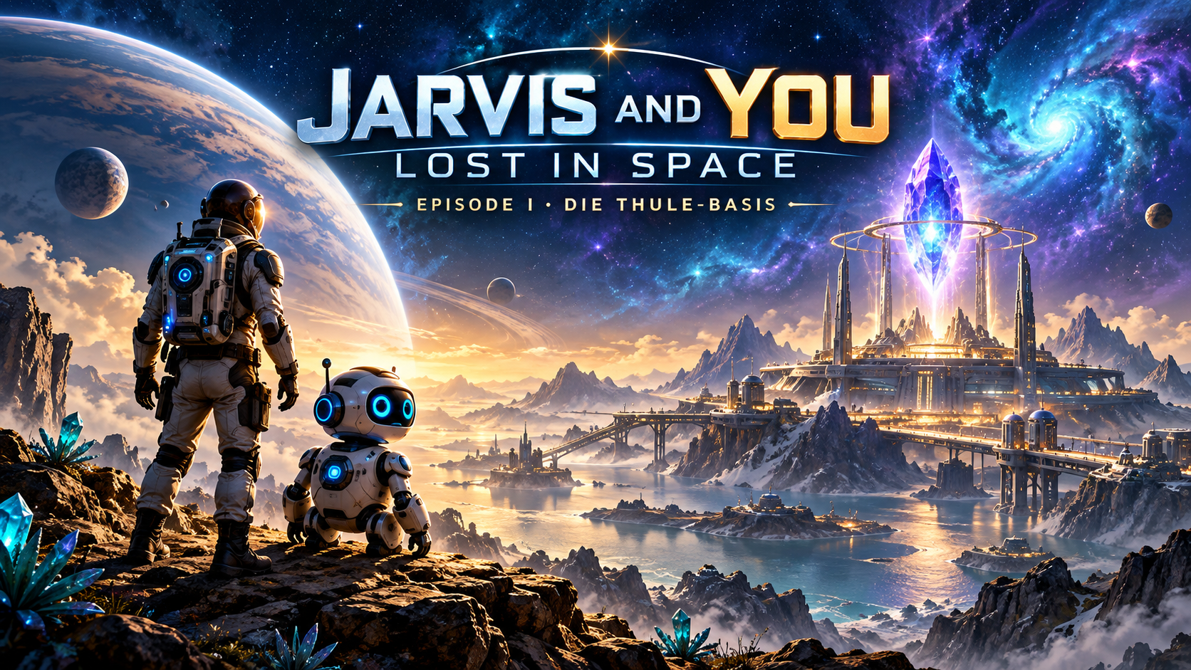 Jarvis und ein Astronaut blicken auf die futuristische Thule-Basis mit einem leuchtenden Energiekristall, umgeben von Planeten und Sternen.