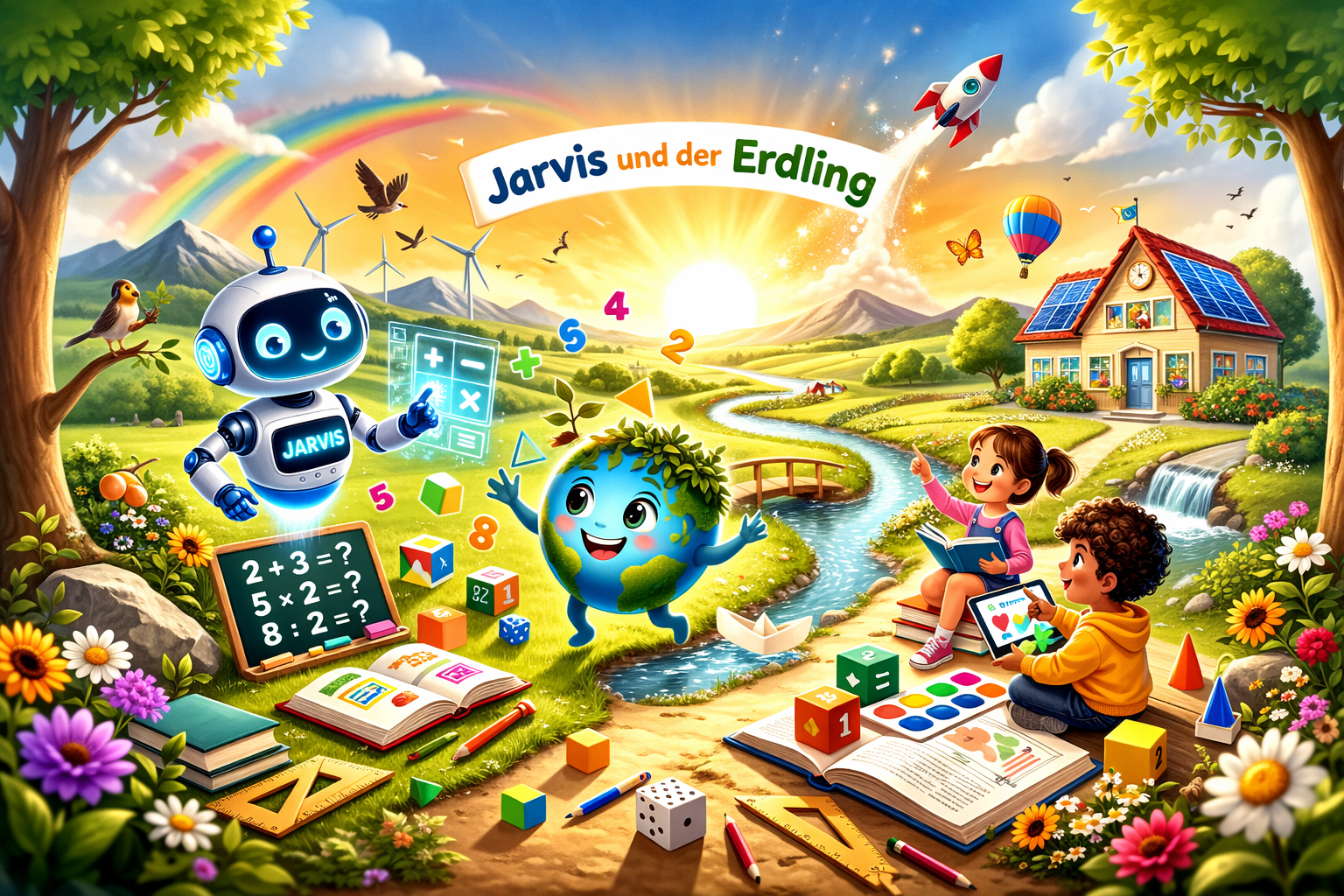 Jarvis und der Erdling in einer bunten Lernlandschaft mit Kindern, Zahlen, Rechenzeichen und einer Brücke.